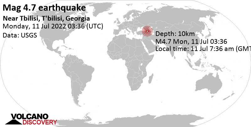 Moderates Erdbeben der Stärke 4.7 - 42 km nördlich von Gjumri, Shirak, Armenien, am Montag, 11. Jul 2022 um 07:36 Lokalzeit