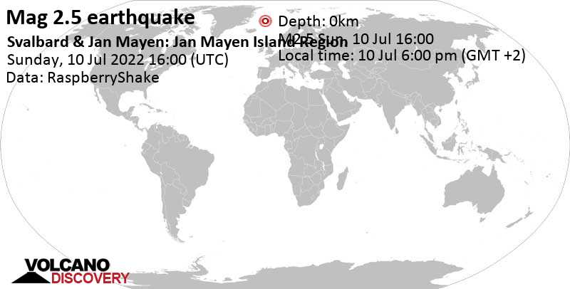 Weak mag. 2.5 earthquake - 37 km northeast of Olonkinbyen, Jan Mayen, on Sunday, Jul 10, 2022 at 6:00 pm (GMT +2)