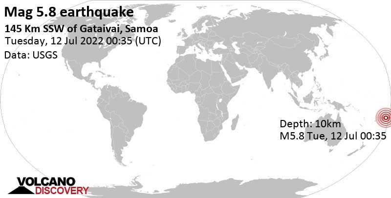 Δυνατός σεισμός μεγέθους 5.8 - South Pacific Ocean, 197 km νοτιοδυτικά από ΄Aπια, Σαμόα, Τρίτη, 12 Ιου 2022 13:35 (GMT +13)