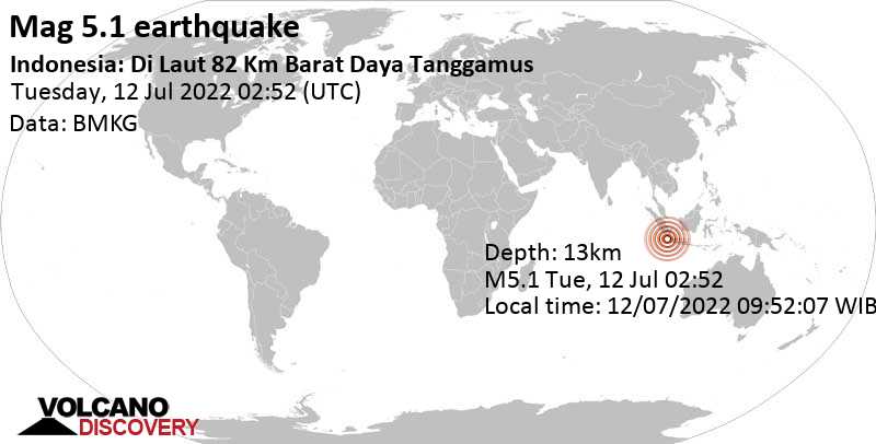 Сильное землетрясение магнитудой 5.1 - Индийский Океан, 135 km к юго-западу от Бандар-Лампунг, Индонезия, Вторник, 12 июл 2022 09:52 (GMT +7)