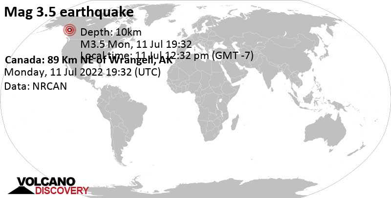 Light mag. 3.5 earthquake - British Columbia, Canada, 89 km northeast of Wrangell, Alaska, USA, on Monday, Jul 11, 2022 at 12:32 pm (GMT -7)