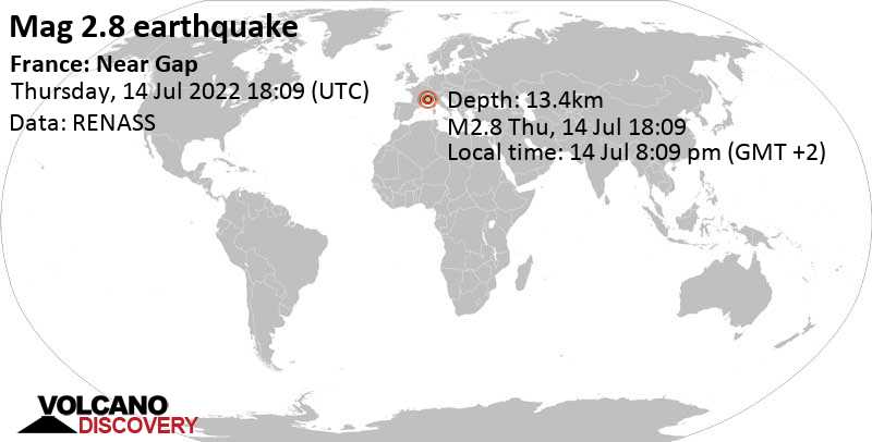 Schwaches Erdbeben Stärke 2.8 - 16 km westlich von Gap, Hautes-Alpes, Provence-Alpes-Côte d’Azur, Frankreich, am Donnerstag, 14. Jul 2022 um 20:09 Lokalzeit