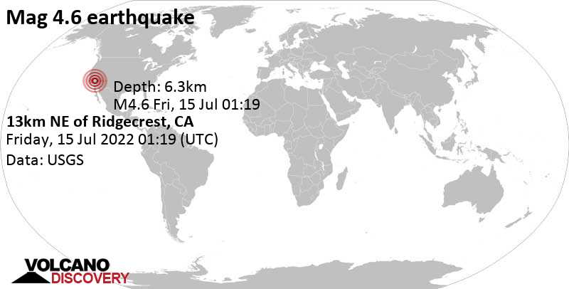 Умеренное землетрясение маг. 4.6 - 12 km к северо-востоку от Ridgecrest, Керн County, Калифорния, Соединенные Штаты, Четверг, 14 июл 2022 18:19 (GMT -7)