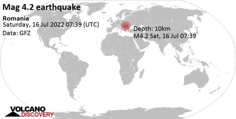 Moderate mag. 4.2 earthquake - 6.7 km southeast of Târgu Jiu, Gorj, Romania, on Saturday, Jul 16, 2022 at 10:39 am (GMT +3)