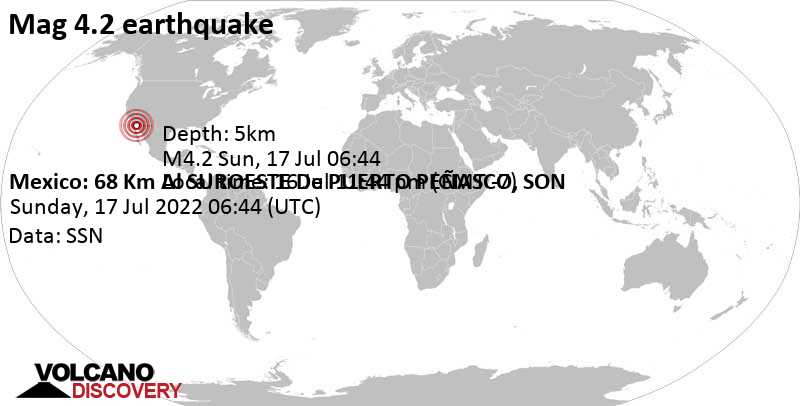 Moderates Erdbeben der Stärke 4.2 - 68 km südwestlich von Puerto Peñasco, Sonora, Mexiko, am Samstag, 16. Jul 2022 um 23:44 Lokalzeit