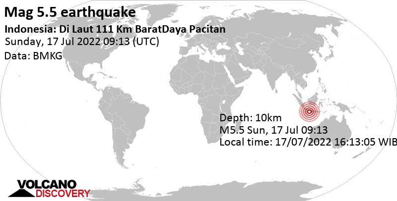 Сильное землетрясение магнитудой 5.5 - Индийский Океан, 157 km к югу от Джоджакарта, Индонезия, Воскресенье, 17 июл 2022 16:13 (GMT +7)