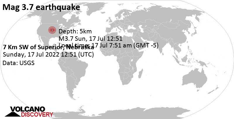 Умеренное землетрясение маг. 3.7 - 7.5 km к юго-западу от Superior, Наколс County, Nebraska, Соединенные Штаты, Воскресенье, 17 июл 2022 07:51 (GMT -5)