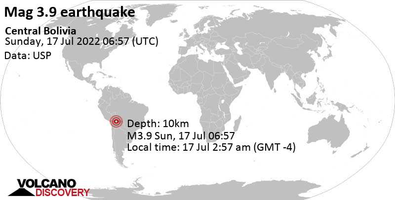 Moderate mag. 3.9 earthquake - 99 km east of Sacaba, Cochabamba, Bolivia, on Sunday, Jul 17, 2022 at 2:57 am (GMT -4)