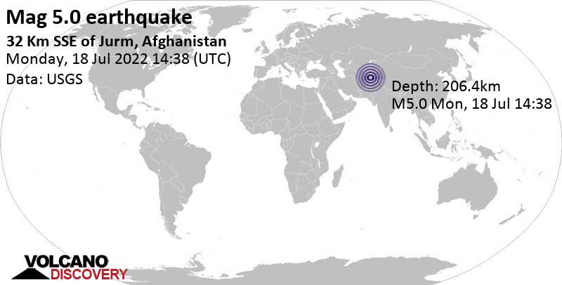 Terremoto moderado mag. 5.0 - 68 km SSE of Faizabad, Faīẕābād, Badakhshan, Afghanistan, lunes, 18 jul 2022 19:08 (GMT +4:30)