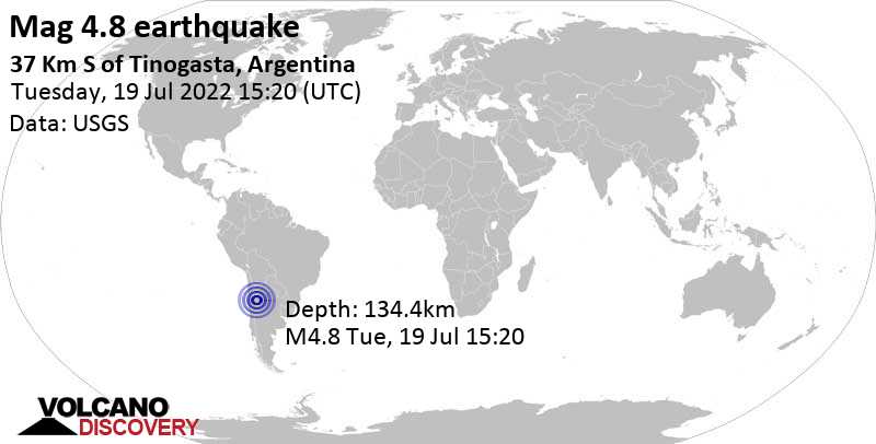 Light mag. 4.8 earthquake - 84 km north of Chilecito, La Rioja, Argentina, on Tuesday, Jul 19, 2022 at 12:20 pm (GMT -3)