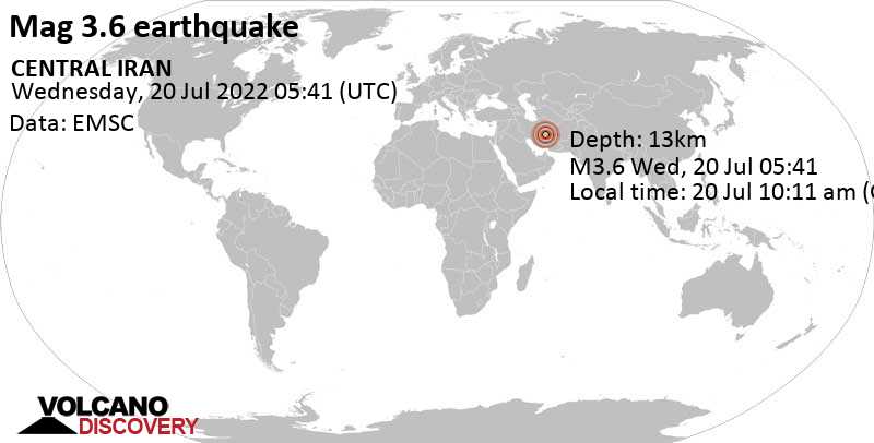 Light mag. 3.6 earthquake - 25 km north of Rāvar, Kerman, Iran, on Wednesday, Jul 20, 2022 at 10:11 am (GMT +4:30)