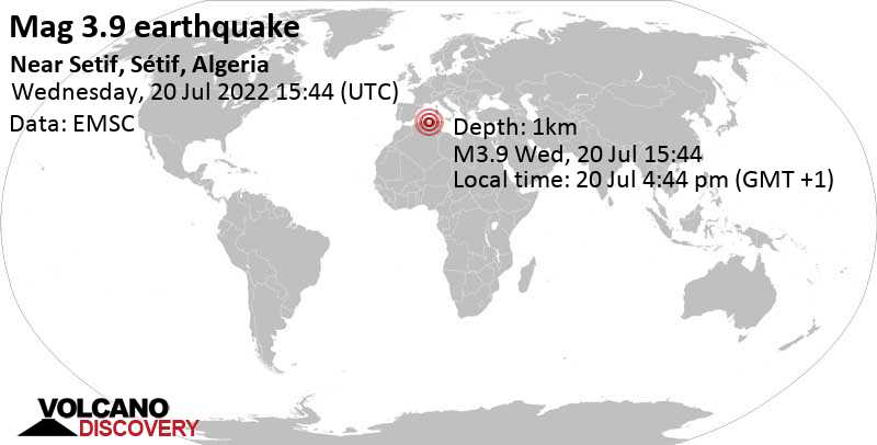 Μέτριος σεισμός μεγέθους 3.9 - 26 km βορειοανατολικά από Setif, Αλγερία, Τετάρτη, 20 Ιου 2022 16:44 (GMT +1)