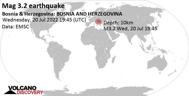 Leichtes Erdbeben der Stärke 3.2 - 24 km östlich von Zenica, Föderation Bosnien und Herzegowina, am Mittwoch, 20. Jul 2022 um 21:45 Lokalzeit
