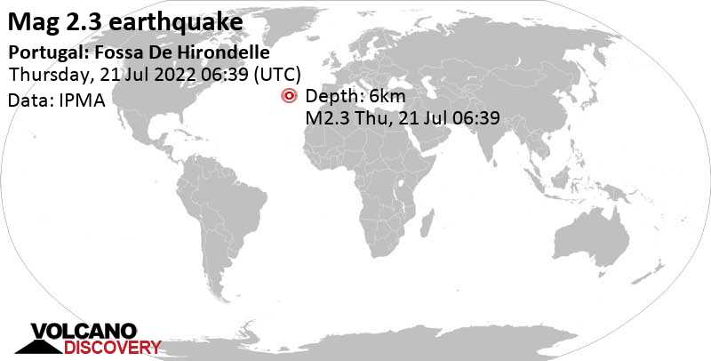 Weak mag. 2.3 earthquake - North Atlantic Ocean, 53 km west of Ponta Delgada, Azores, Portugal, on Thursday, Jul 21, 2022 at 6:39 am (GMT +0)