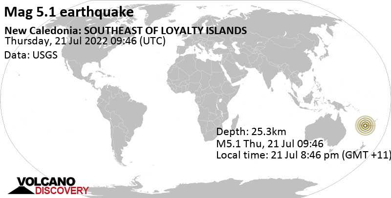 Moderates Erdbeben der Stärke 5.1 - South Pacific Ocean, Neukaledonien, am Donnerstag, 21. Jul 2022 um 20:46 Lokalzeit