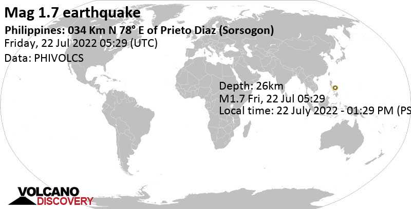 Незначительное землетрясение маг. 1.7 - Филиппинское море, 57 km к востоку от Sorsogon, Филиппины, Пятница, 22 июл 2022 13:29 (GMT +8)