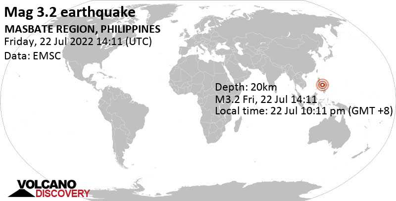 Schwaches Erdbeben Stärke 3.2 - Philippine Sea, 16 km westlich von Bulan, Philippinen, am Freitag, 22. Jul 2022 um 22:11 Lokalzeit