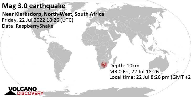 Séisme faible mag. 3.0 - 5.3 km au sud-est de Klerksdorp, Afrique du Sud, vendredi, 22 juil. 2022 20:26 (GMT +2)