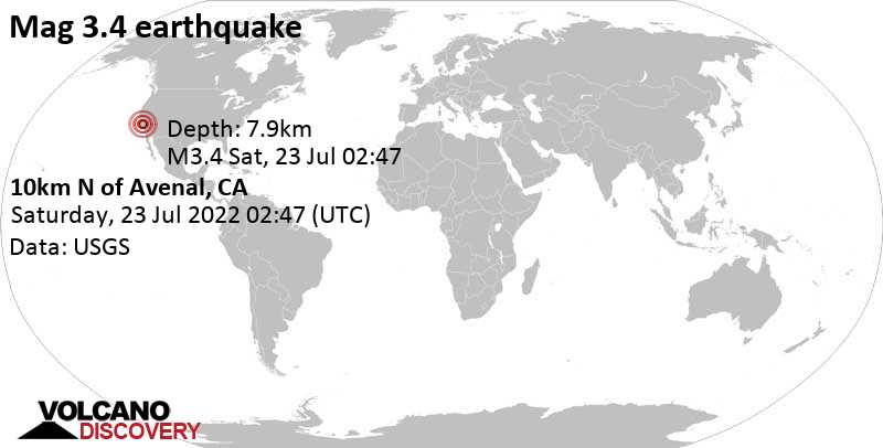 Terremoto leve mag. 3.4 - 12 miles ESE of Coalinga, Fresno County, California, USA, viernes, 22 jul 2022 19:47 (GMT -7)