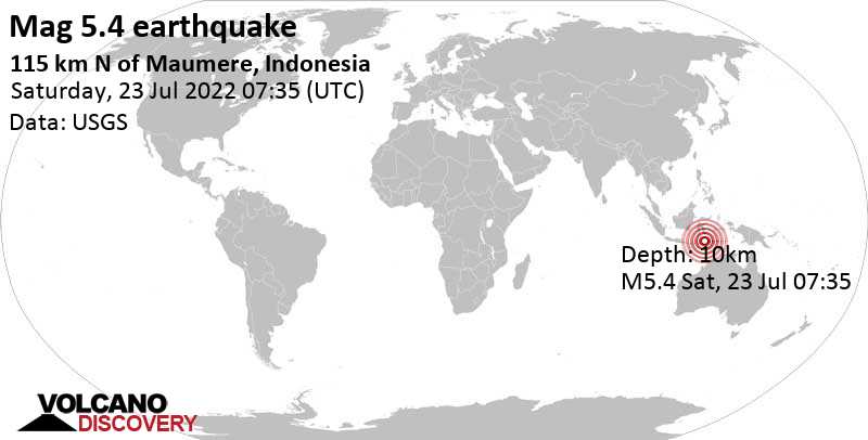 Strong mag. 5.4 earthquake - Banda Sea, 110 km north of Maumere, East Nusa Tenggara, Indonesia, on Saturday, Jul 23, 2022 at 3:35 pm (GMT +8)