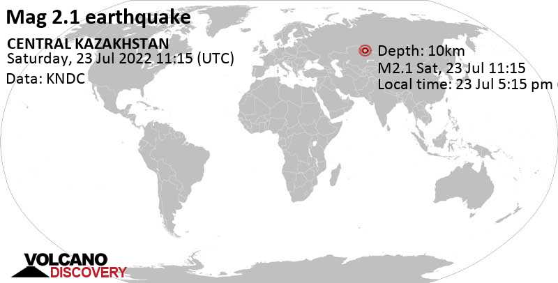 Weak mag. 2.1 earthquake - 67 km northwest of Ekibastuz, Pavlodar Region, Kazakhstan, on Saturday, Jul 23, 2022 at 5:15 pm (GMT +6)