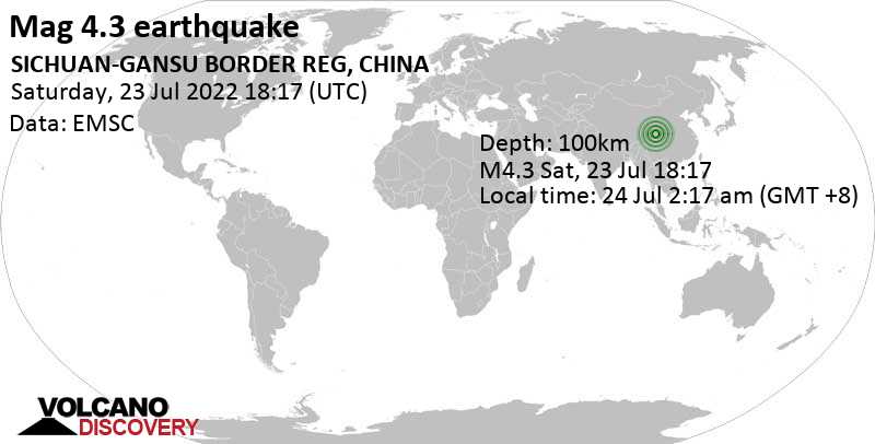 Leichtes Erdbeben der Stärke 4.3 - 68 km nordwestlich von Jiangyou, Sichuan, China, am Sonntag, 24. Jul 2022 um 02:17 Lokalzeit
