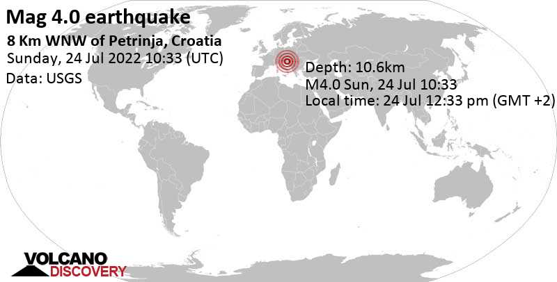 Умеренное землетрясение маг. 4.0 - Sisak-Moslavina, 41 km к юго-востоку от Загреб, Хорватия, Воскресенье, 24 июл 2022 12:33 (GMT +2)