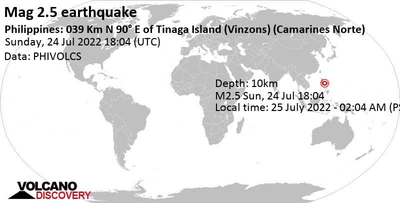 Αδύναμος σεισμός μεγέθους 2.5 - Philippine Sea, 56 km βορειοανατολικά από Daet, Φιλιππίνες, Δευτέρα, 25 Ιου 2022 02:04 (GMT +8)