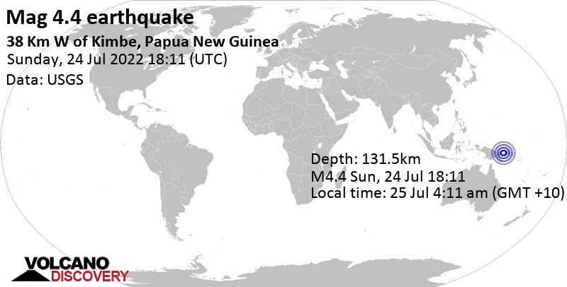 Слабое землетрясение маг. 4.4 - 38 km к западу от Кимбе, Папуа — Новая Гвинея, Понедельник, 25 июл 2022 04:11 (GMT +10)