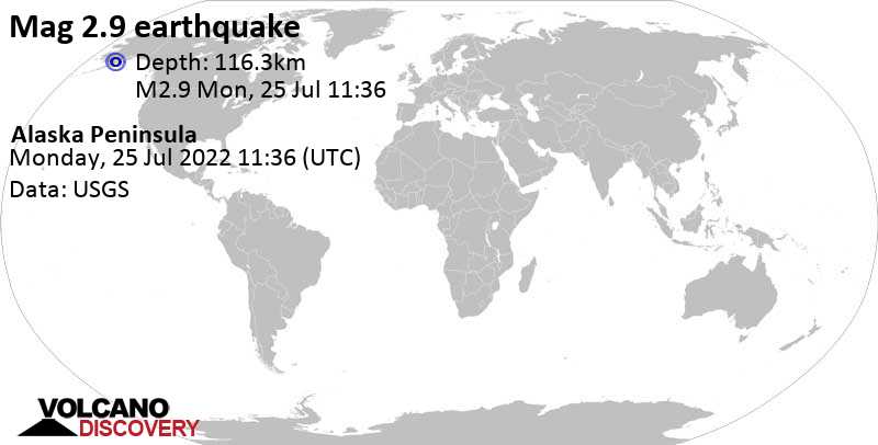 Незначительное землетрясение маг. 2.5 - 64 Km SSE of Kokhanok, Alaska, Понедельник, 25 июл 2022 03:36 (GMT -8)