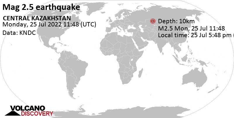 Schwaches Erdbeben Stärke 2.5 - 76 km nordwestlich von Ekibastus, Pavlodar Region, Kasachstan, am Montag, 25. Jul 2022 um 17:48 Lokalzeit