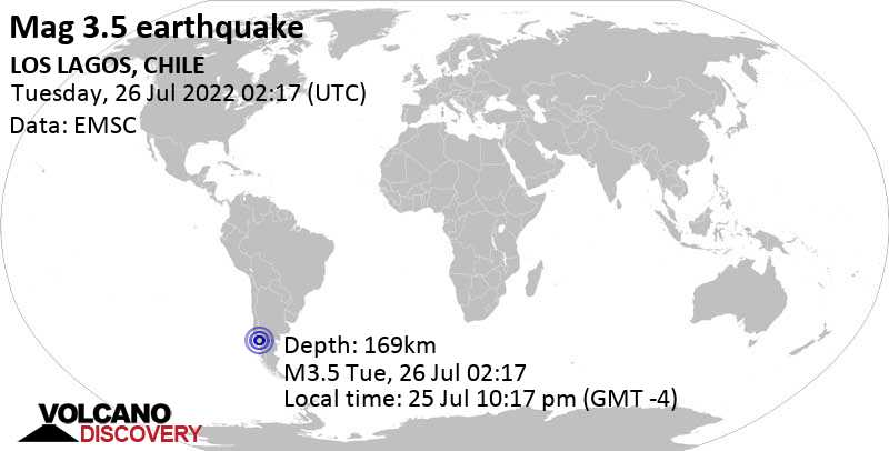 Minor mag. 3.5 earthquake - 50 km west of San Carlos de Bariloche, Rio Negro, Argentina, on Monday, Jul 25, 2022 at 10:17 pm (GMT -4)