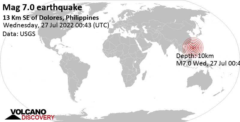 Schweres Erdbeben der Stärke 7.0 - Cordillera, 44 km östlich von Vigan City, Philippinen, am Mittwoch, 27. Jul 2022 um 08:43 Lokalzeit