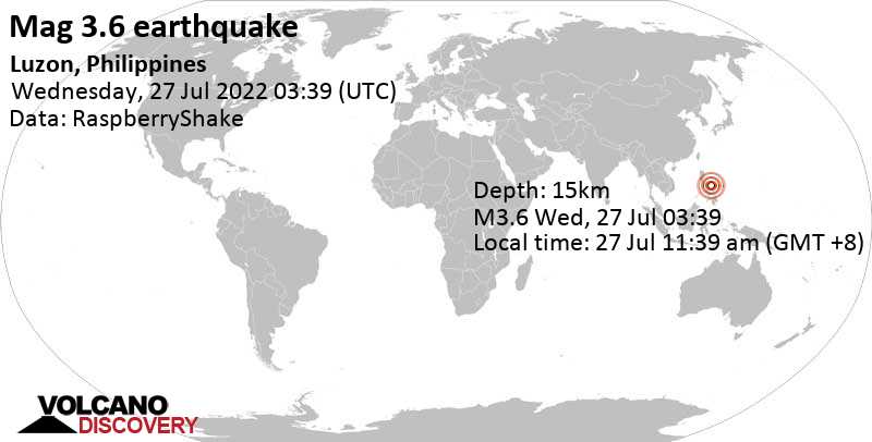 Leichtes Erdbeben der Stärke 3.6 - Philippine Sea, 46 km östlich von Sorsogon, Bicol, Philippinen, am Mittwoch, 27. Jul 2022 um 11:39 Lokalzeit