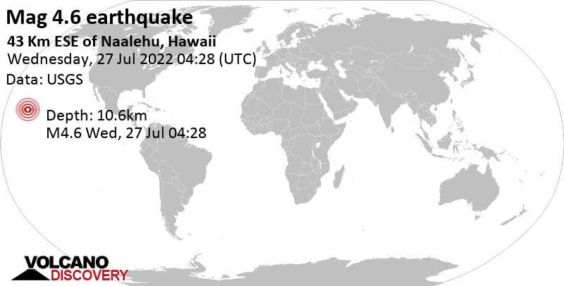 Moderates Erdbeben der Stärke 4.6 - Nordpazifik, 99 km südlich von Hilo, Hawaii County, USA, am Dienstag, 26. Jul 2022 um 18:28 Lokalzeit