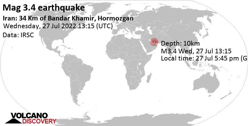 Leichtes Erdbeben der Stärke 3.4 - 48 km nordöstlich von Bandar-e Lengeh, Hormozgan, Iran, am Mittwoch, 27. Jul 2022 um 17:45 Lokalzeit
