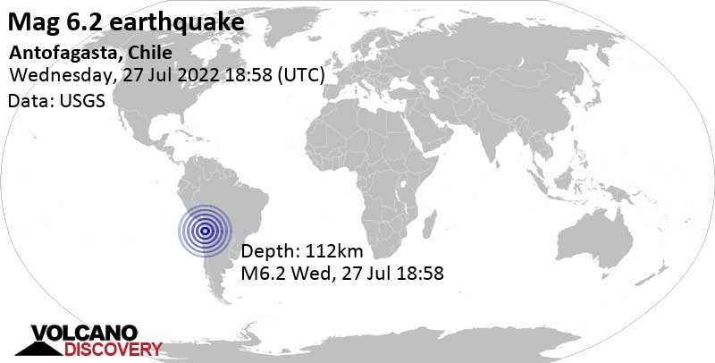 Starkes Beben der Stärke 6.2 - 52 km nordöstlich von Calama, Provincia de El Loa, Antofagasta, Chile, am Mittwoch, 27. Jul 2022 um 14:58 Lokalzeit