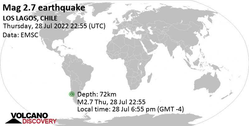 Séisme mineur mag. 2.7 - 43 km à l\'est de Valdivia, Los Rios Region, Chili, jeudi, 28 juil. 2022 18:55 (GMT -4)