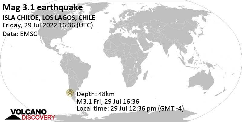 Schwaches Erdbeben Stärke 3.1 - 35 km südöstlich von Ancud, Chiloe, Los Lagos, Chile, am Freitag, 29. Jul 2022 um 12:36 Lokalzeit