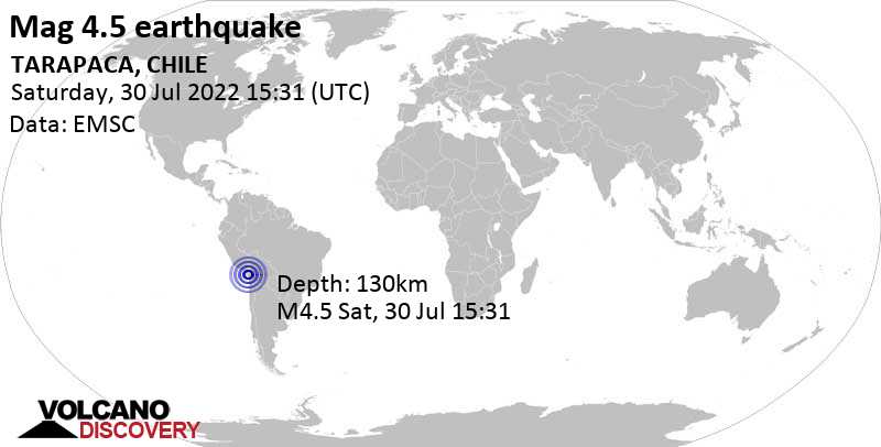Light mag. 4.5 earthquake - 50 km east of Arica, Region de Arica y Parinacota, Chile, on Saturday, Jul 30, 2022 at 11:31 am (GMT -4)