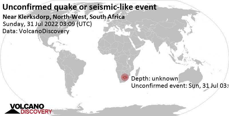 Séisme ou événement semblable à un séisme non confirmé: 10.3 km à l\'ouest de Orkney, Afrique du Sud, dimanche, 31 juil. 2022 05:09 (GMT +2)