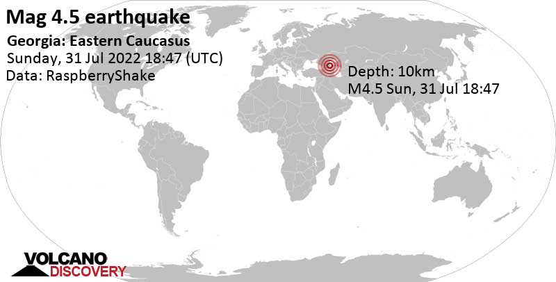 Moderate mag. 4.5 earthquake - 28 km southeast of Khasavyurt, Dagestan, Russia, on Sunday, Jul 31, 2022 at 9:47 pm (GMT +3)