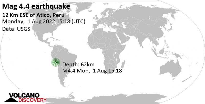 Terremoto leve mag. 4.4 - 95 km WNW of Camana, Arequipa, Peru, lunes,  1 ago 2022 10:18 (GMT -5)