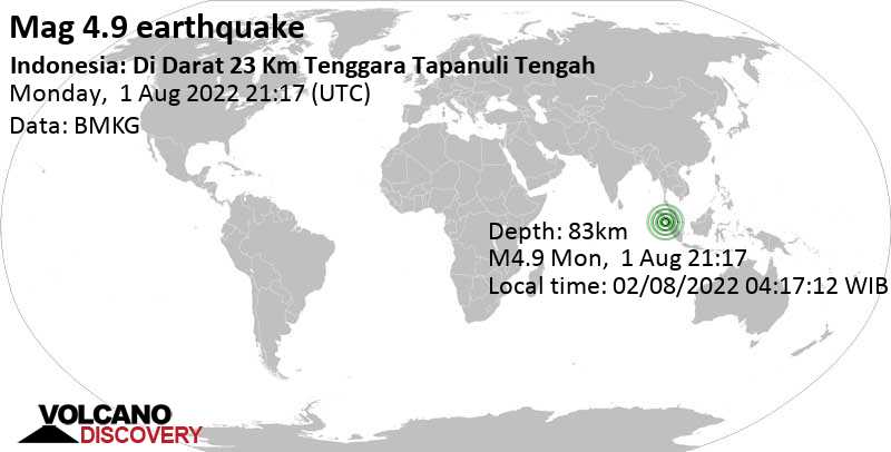 Ελαφρύς σεισμός μεγέθους 4.9 - 30 km νότια από Sibolga, North Sumatra, Ινδονησία, Τρίτη,  2 Αυγ 2022 04:17 (GMT +7)