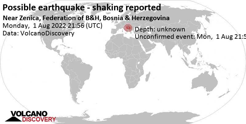Зарегистрированное землетрясение или сходное с землетрясением событие: 1 km к северо-востоку от Зеница, Босния и Герцеговина, Понедельник,  1 авг 2022 23:56 (GMT +2)