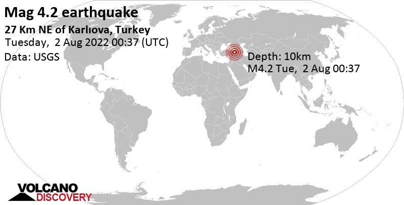 Terremoto moderato mag. 4.2 - 51 km a sud da Erzurum, Turchia, martedì,  2 ago 2022 03:37 (GMT +3)