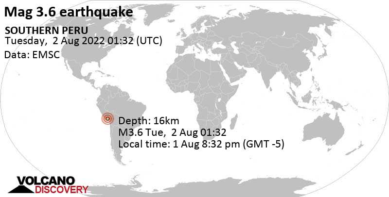 Terremoto leve mag. 3.6 - 5.9 km W of Arequipa, Peru, lunes,  1 ago 2022 20:32 (GMT -5)
