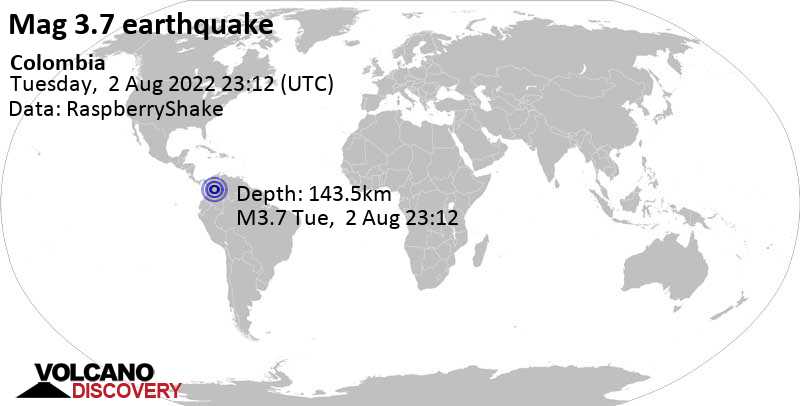 Незначительное землетрясение маг. 3.7 - 7.4 km к юго-востоку от Villa de San Diego de Ubaté, Колумбия, Вторник,  2 авг 2022 18:12 (GMT -5)