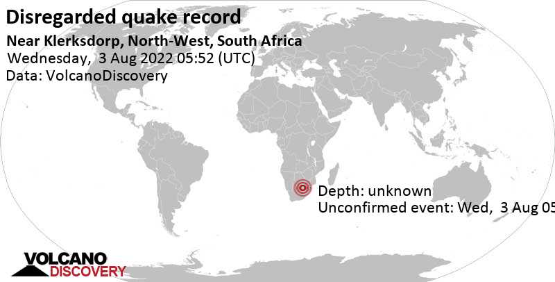 Événement inconnu (à l\'origine signalé comme tremblement de terre): 2.5 km au nord-est de Klerksdorp, Afrique du Sud, mercredi,  3 août 2022 07:52 (GMT +2)