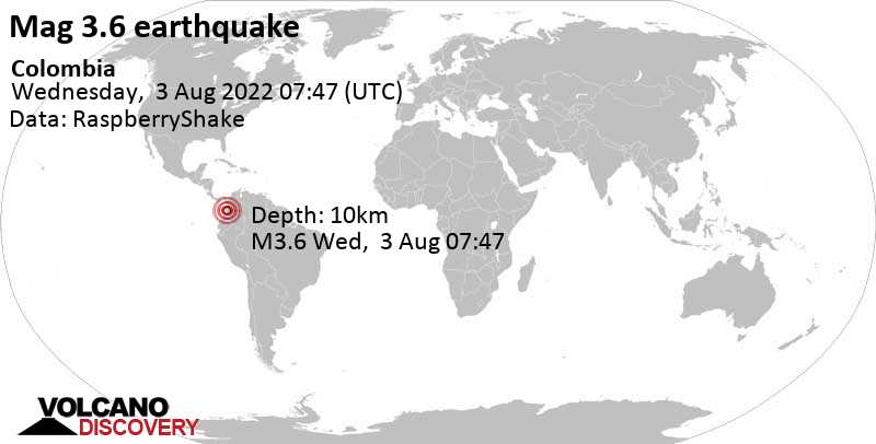 Terremoto leve mag. 3.6 - 34 km NE of Buenaventura, Departamento del Valle del Cauca, Colombia, miércoles,  3 ago 2022 02:47 (GMT -5)